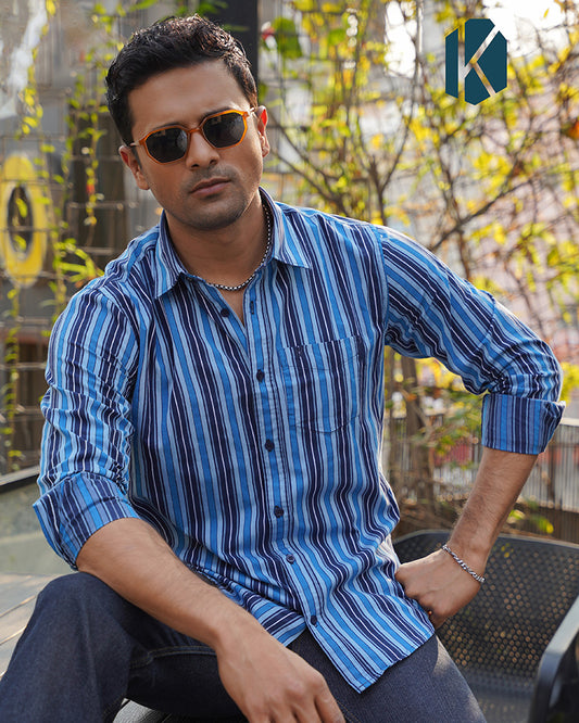 Blue Multi-Stripe Remi Cotton Full Sleeve Shirt for Men – Fresh Casual Weekend Style