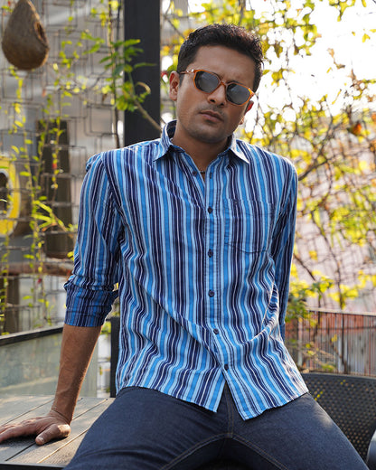 Blue Multi-Stripe Remi Cotton Full Sleeve Shirt for Men – Fresh Casual Weekend Style