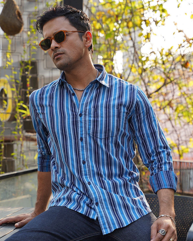 Blue Multi-Stripe Remi Cotton Full Sleeve Shirt for Men – Fresh Casual Weekend Style