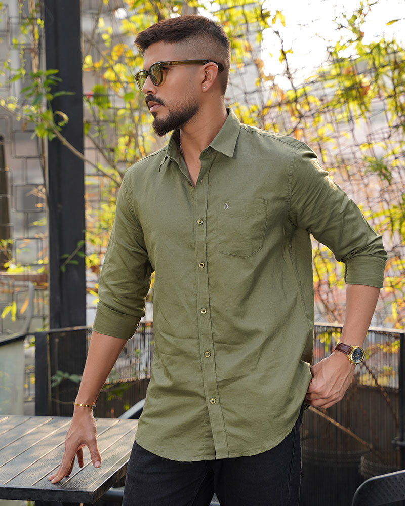 Olive Green Remi Cotton Full Sleeve Shirt for Men – Premium Office & Smart-Casual Wear