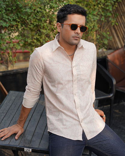 White Botanical Leaf Print Remi Cotton Full Sleeve Shirt for Men – Effortless Smart-Casual Style