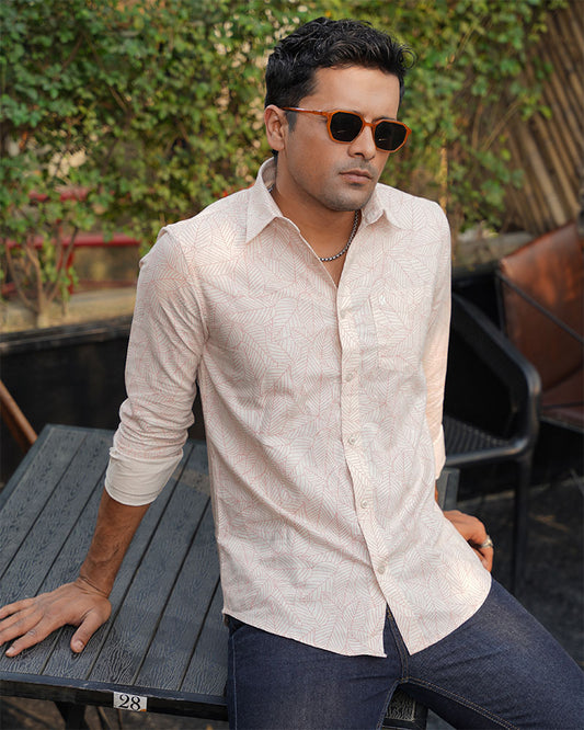 White Botanical Leaf Print Remi Cotton Full Sleeve Shirt for Men – Effortless Smart-Casual Style
