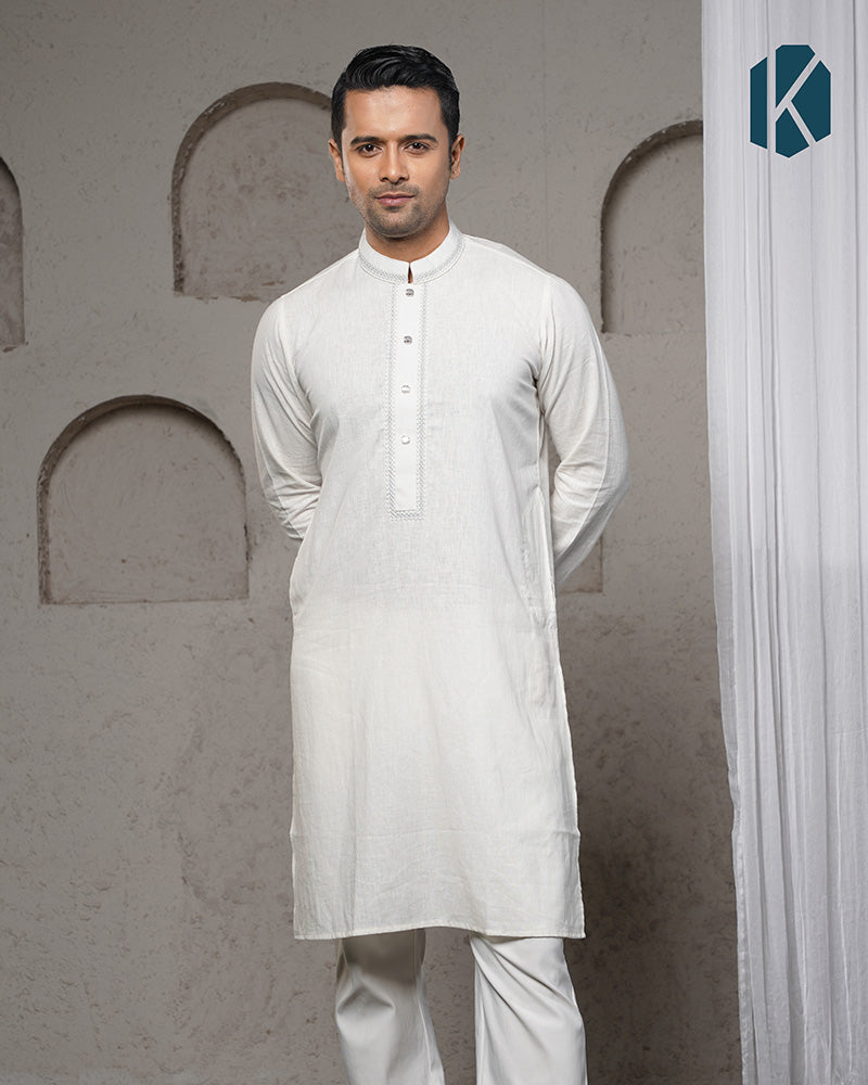 White Remi Cotton Silver Embroidered Panjabi for Men