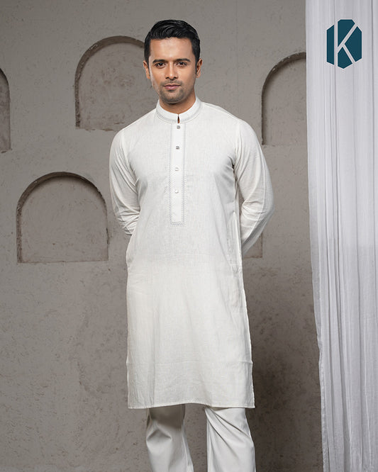 White Remi Cotton Silver Embroidered Panjabi for Men