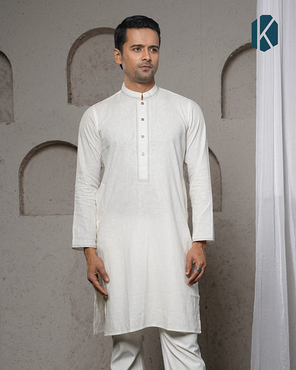 White Remi Cotton Silver Embroidered Panjabi for Men