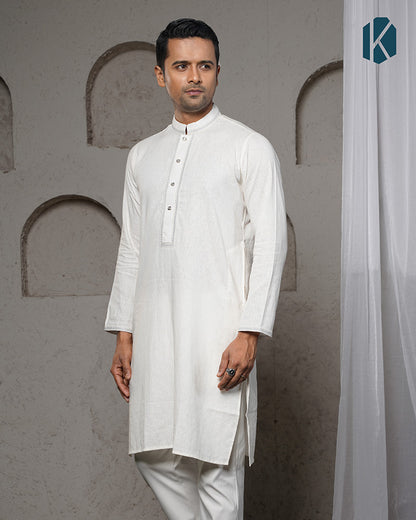 White Remi Cotton Silver Embroidered Panjabi for Men