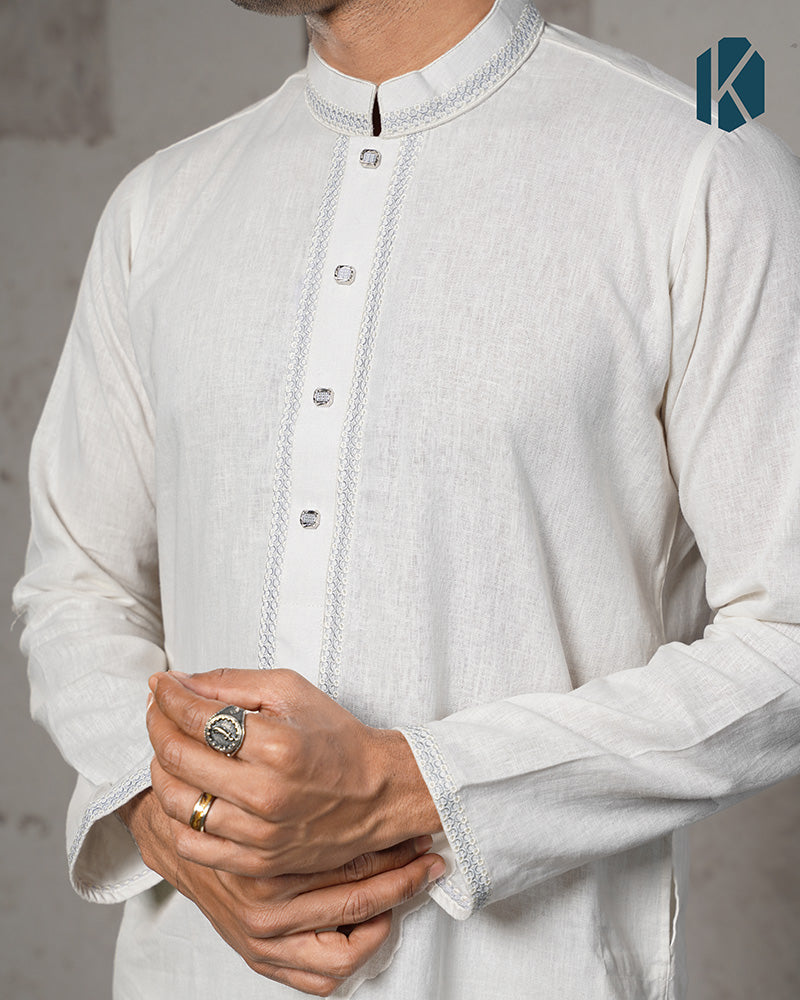 White Remi Cotton Silver Embroidered Panjabi for Men
