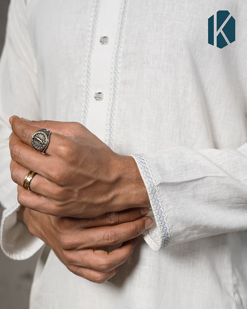 White Remi Cotton Silver Embroidered Panjabi for Men