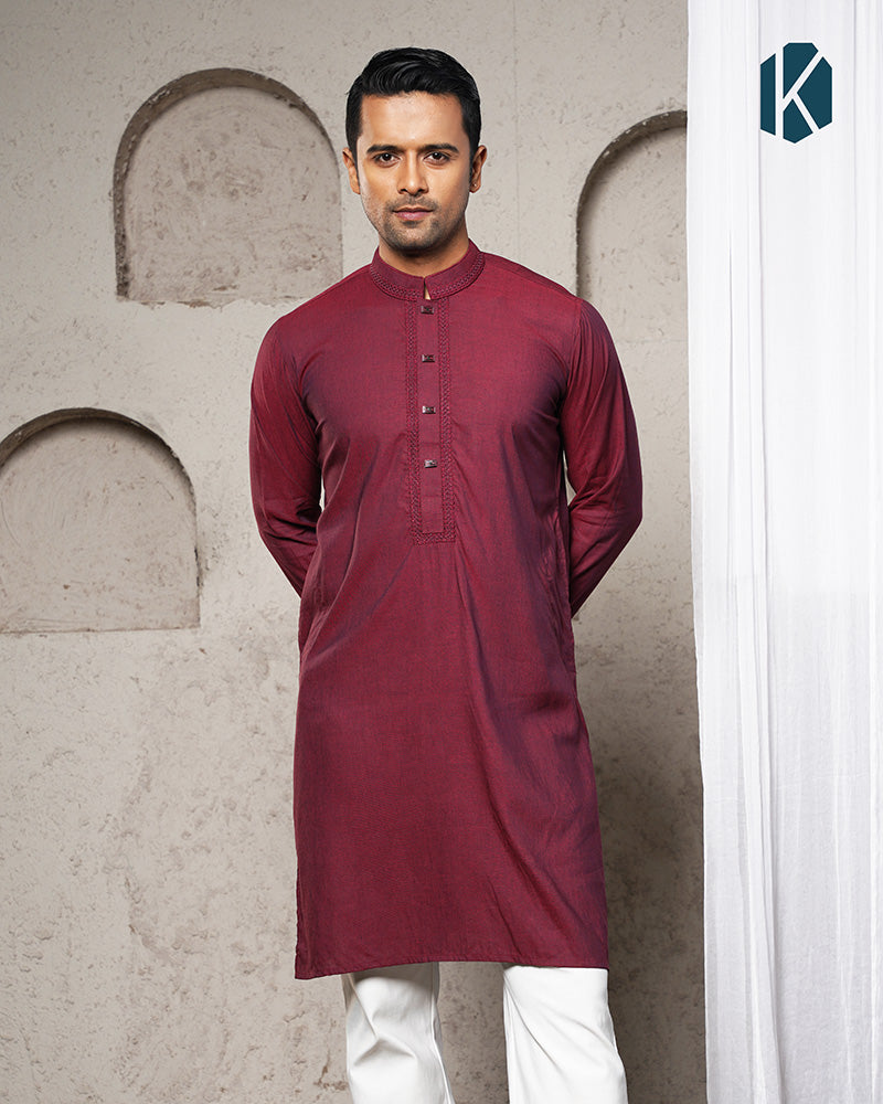 Maroon Embroidered Premium Cotton Panjabi for Men