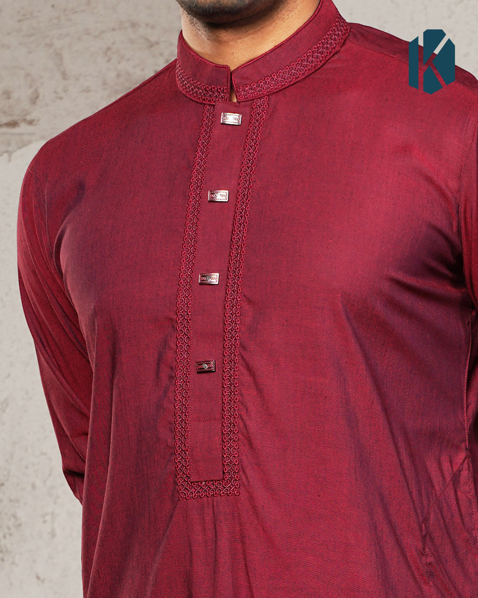 Maroon Embroidered Premium Cotton Panjabi for Men