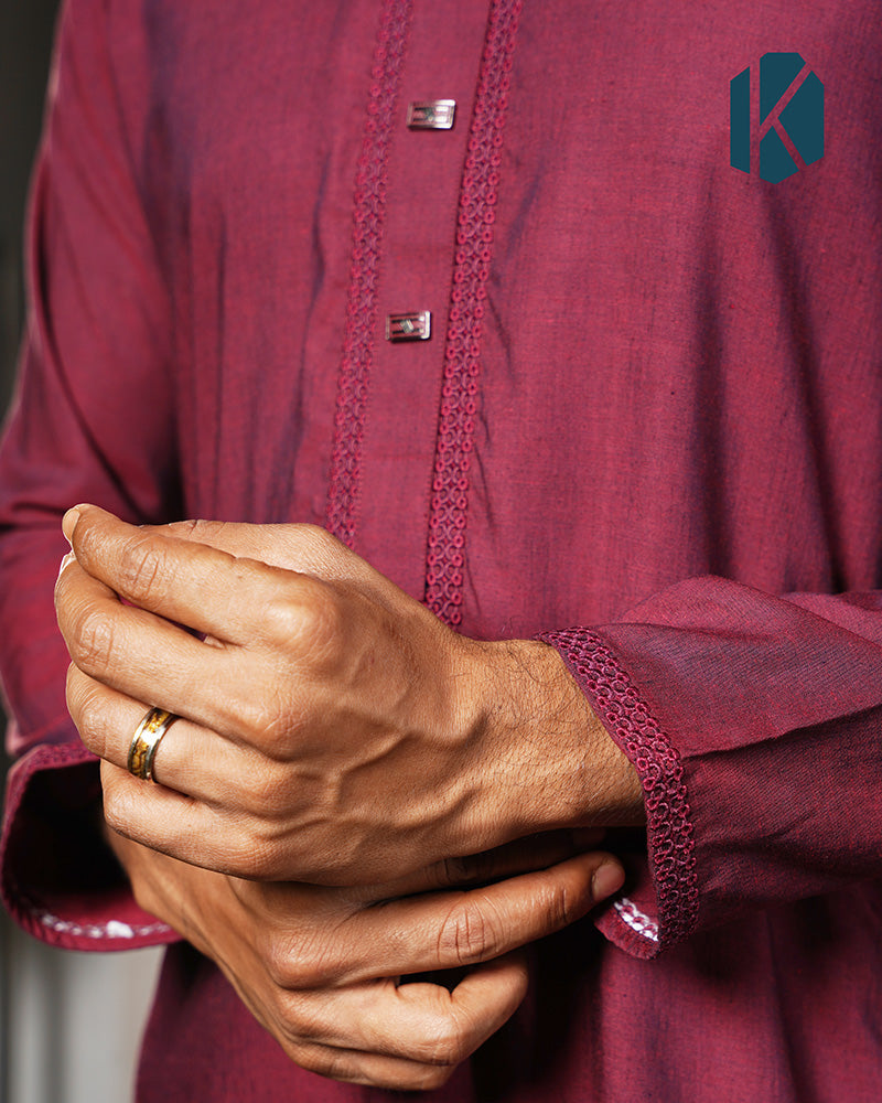 Maroon Embroidered Premium Cotton Panjabi for Men