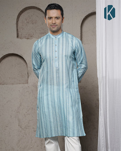 Sky Blue Jacquard Print Remi Cotton Panjabi for Men