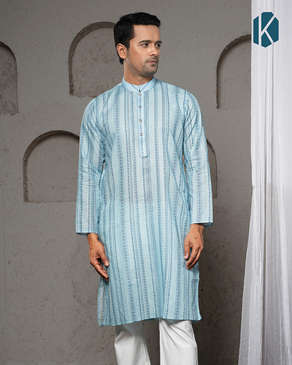 Sky Blue Jacquard Print Remi Cotton Panjabi for Men