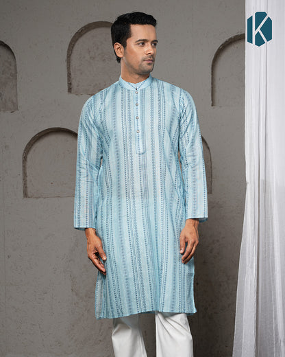 Sky Blue Jacquard Print Remi Cotton Panjabi for Men