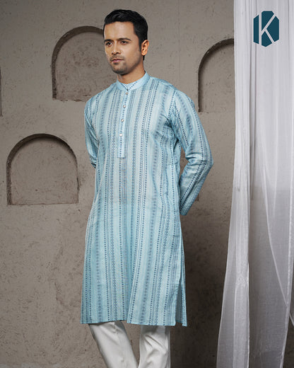 Sky Blue Jacquard Print Remi Cotton Panjabi for Men