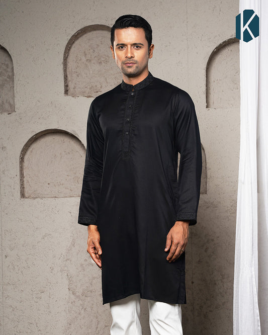 Black Embroidered Premium Cotton Panjabi for Men