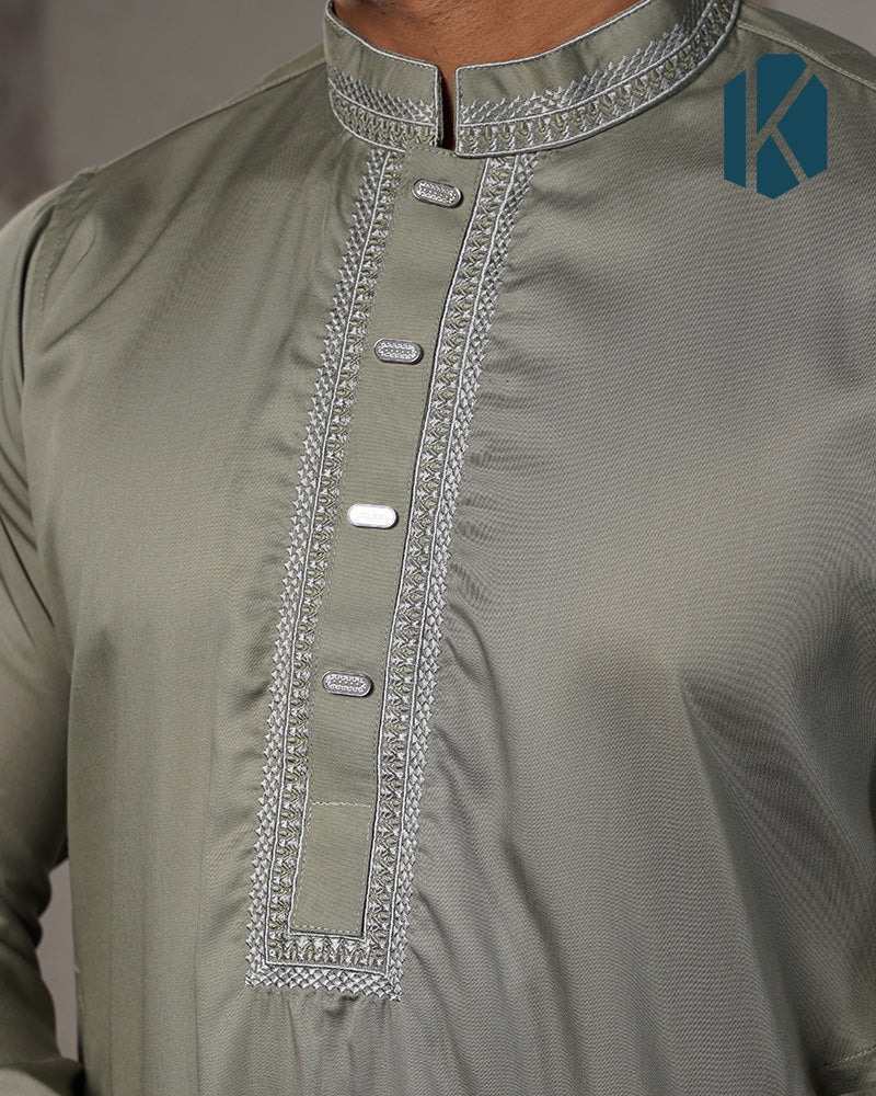Olive Green Embroidered Panjabi For Men