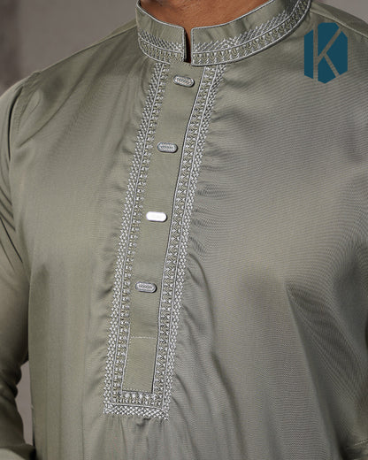 Olive Green Embroidered Panjabi For Men