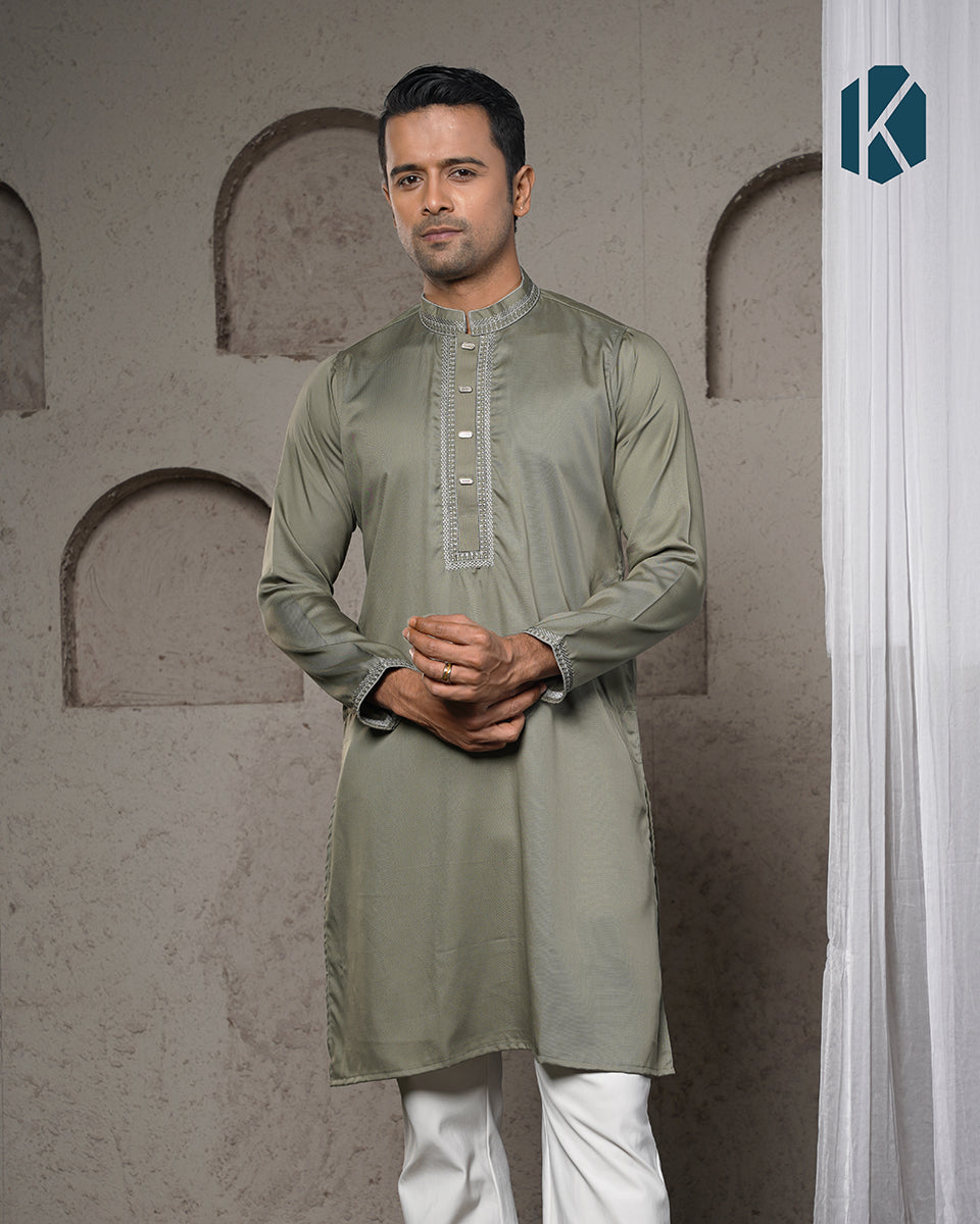 Olive Green Embroidered Panjabi For Men
