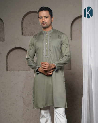 Olive Green Embroidered Panjabi For Men