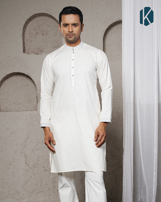 White Embroidered Tencel Panjabi for Men