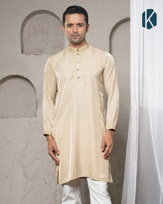 Beige Gold Embroidered Panjabi for Men