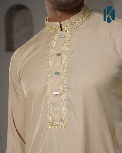 Beige Gold Embroidered Panjabi for Men