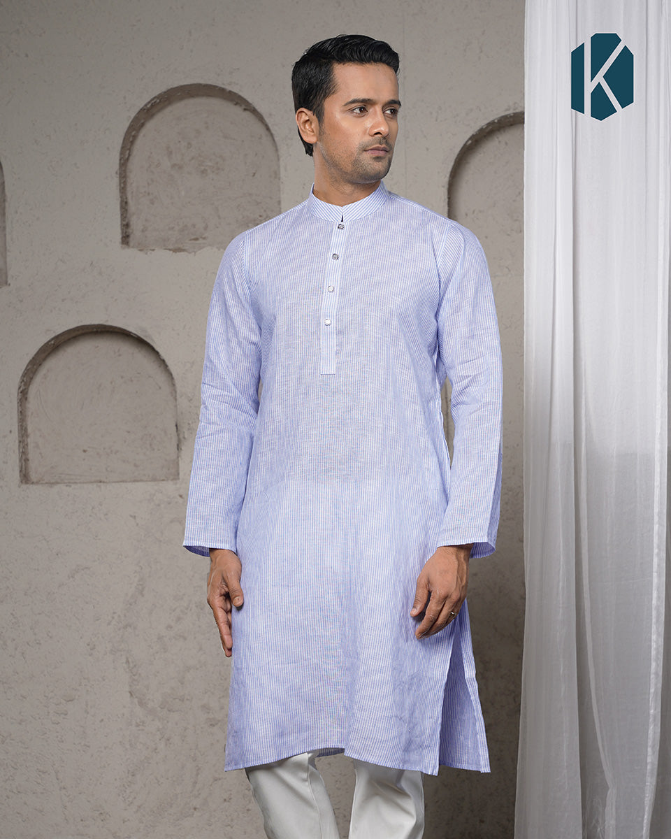 White & Blue Pinstripe Remi Cotton Panjabi for Men