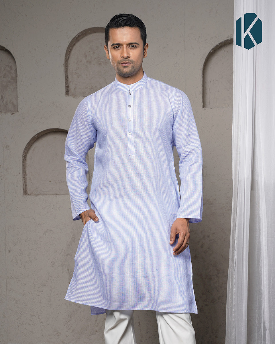 White & Blue Pinstripe Remi Cotton Panjabi for Men
