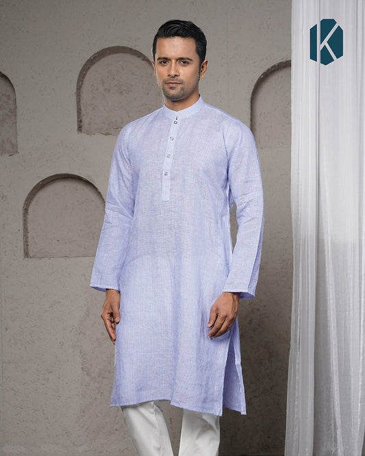 White & Blue Pinstripe Remi Cotton Panjabi for Men