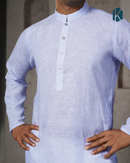 White & Blue Pinstripe Remi Cotton Panjabi for Men