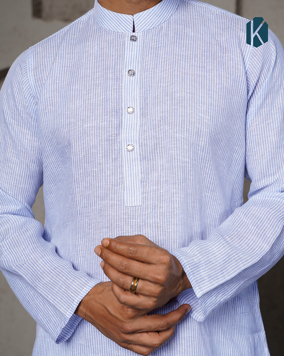 White & Blue Pinstripe Remi Cotton Panjabi for Men