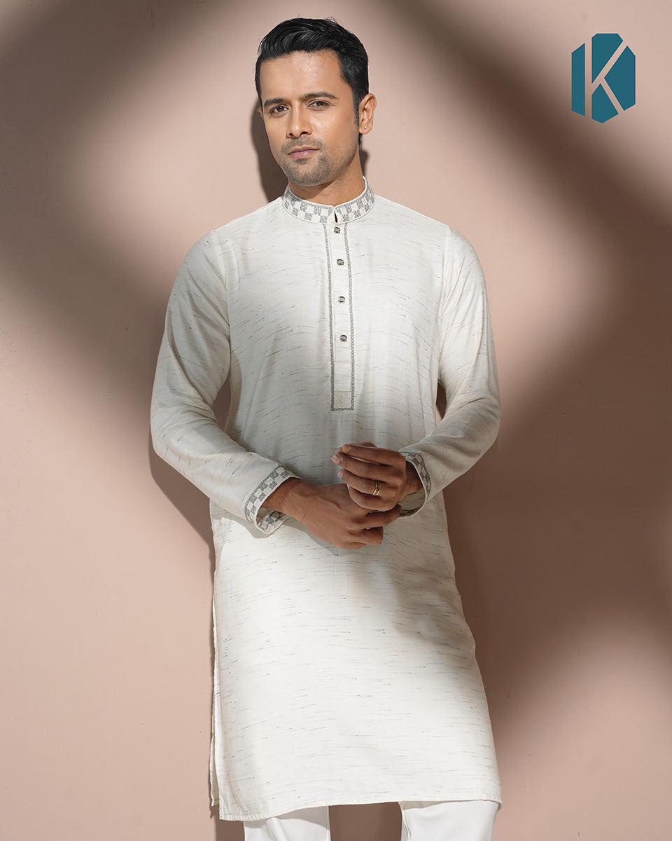 Off-White Textured Panjabi with Grey Embroidery for Men