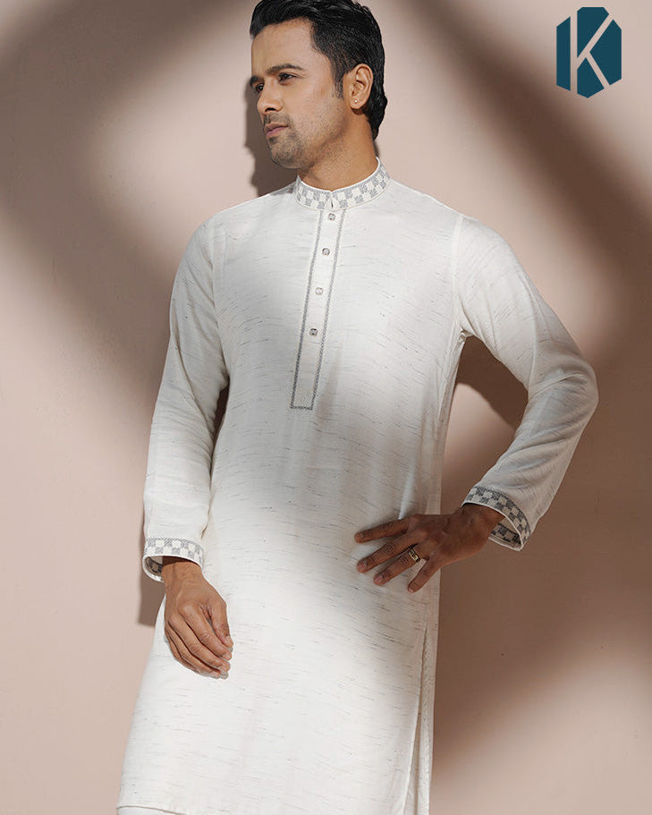 Off-White Textured Panjabi with Grey Embroidery for Men