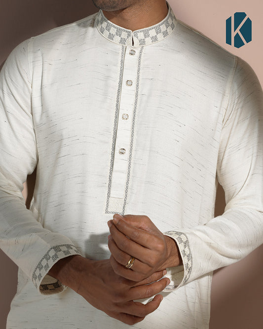 Off-White Textured Panjabi with Grey Embroidery for Men
