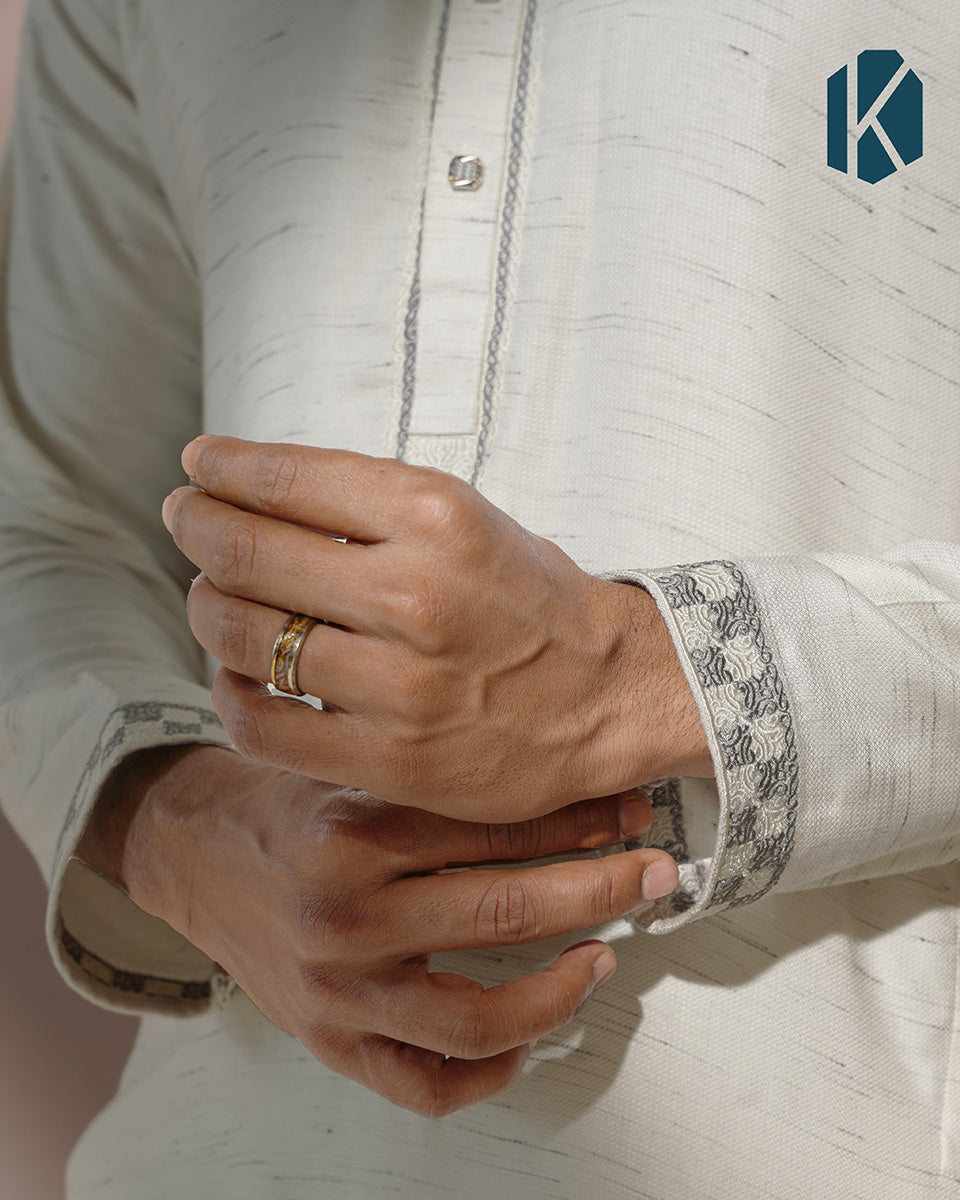 Off-White Textured Panjabi with Grey Embroidery for Men