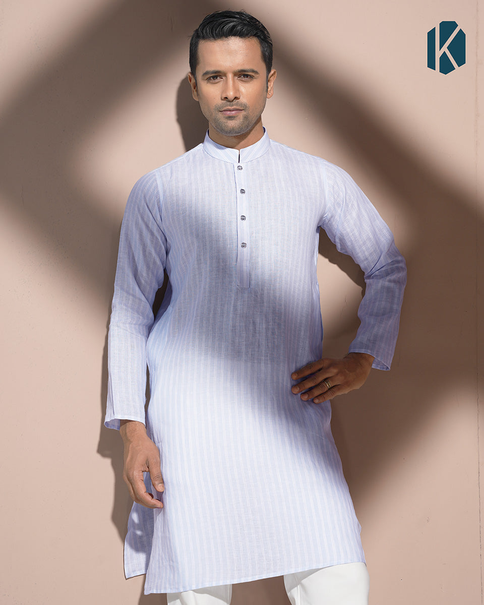 Sky Blue & Cream Stripe Remi Cotton Panjabi for Men