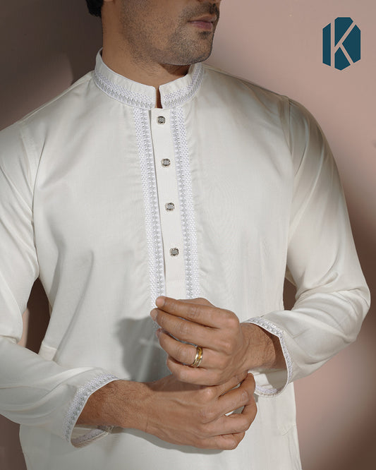 Off-White Silver Embroidered Panjabi for Men