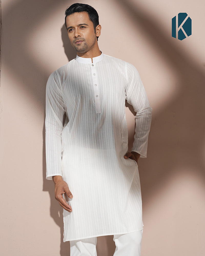 White Tone-on-Tone Stripe Cotton Panjabi for Men