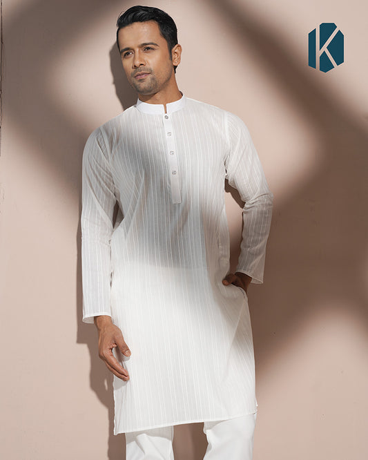 White Tone-on-Tone Stripe Cotton Panjabi for Men