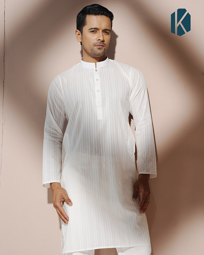 White Tone-on-Tone Stripe Cotton Panjabi for Men