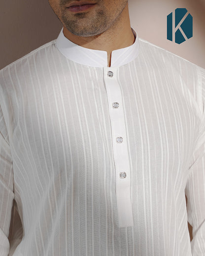 White Tone-on-Tone Stripe Cotton Panjabi for Men