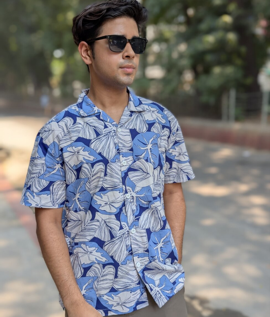 Blue White leaf Printed Half sleeve shirt