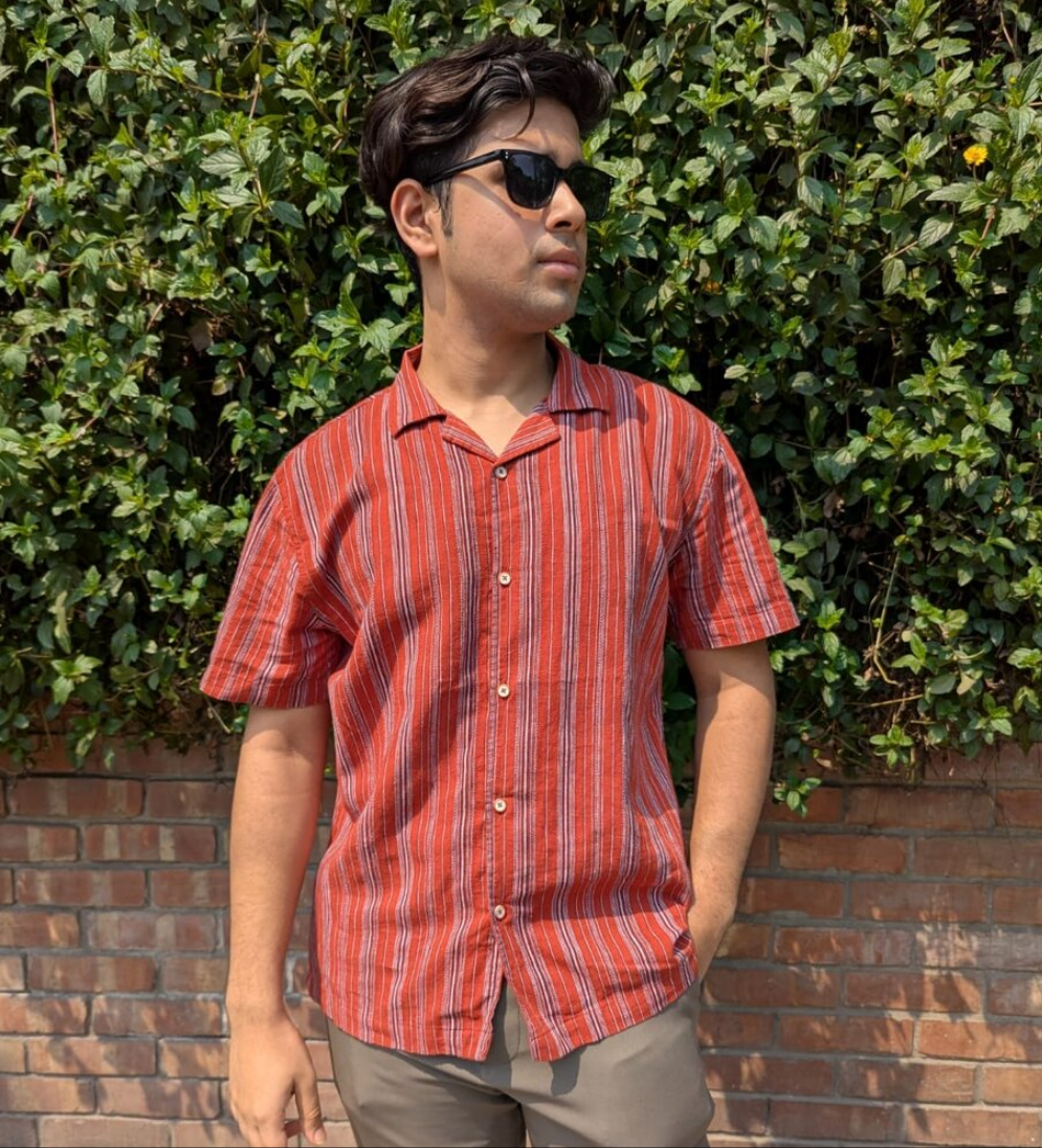 Orange  Fancy Cotton Striped Half Sleeve Shirt