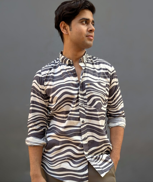 White and Black Printed Cotton Full sleeve shirt