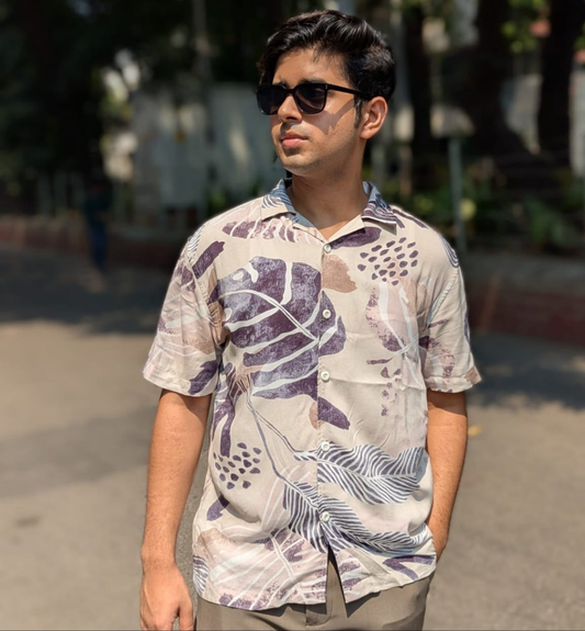 Cream Color Linen Printed Half Sleeve Shirt