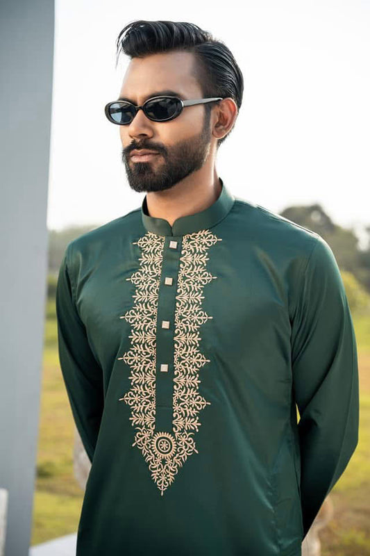 Green Embroidery Saton Fabric Panjabi