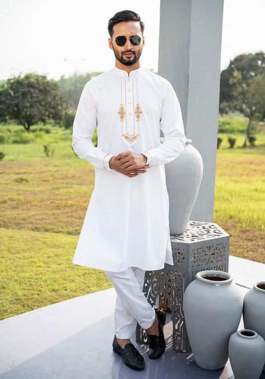 White Colour Embroidery Cotton Fabric Quality Panjabi