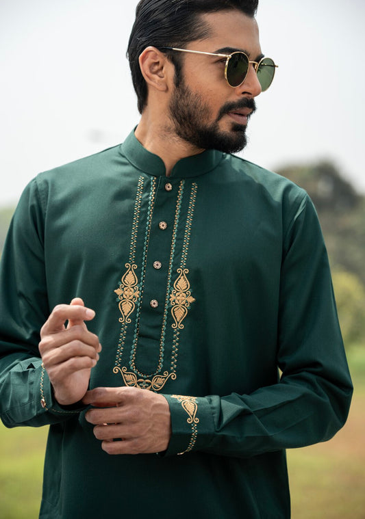 Green Embroidery Dobby Cotton Panjabi