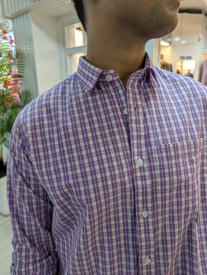 Purple and white check full sleeve shirt.